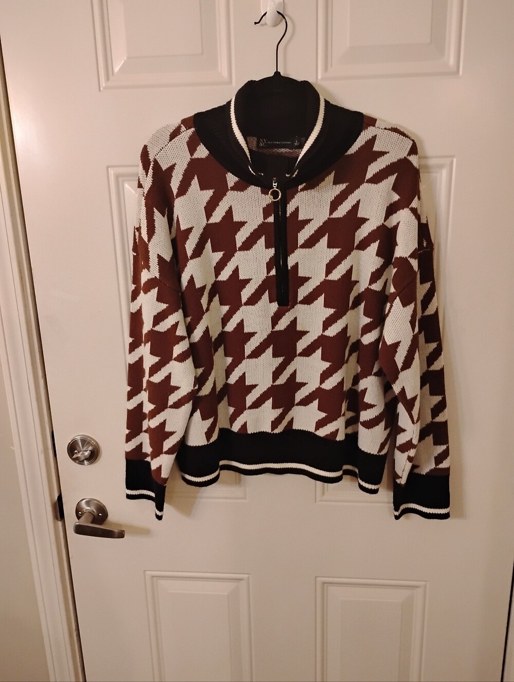 New York & Company Brown and Cream Houndstooth Half-Zip Sweater